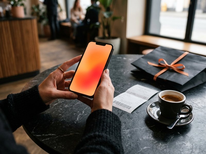 Consumidor segurando smartphone ao lado de comprovante fiscal de compra e sacola de varejo para registro na campanha