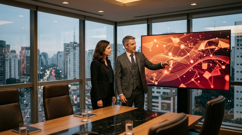 Lideranças estratégicas analisando fluxo de jornada promocional e indicadores de dados em sala de reunião executiva